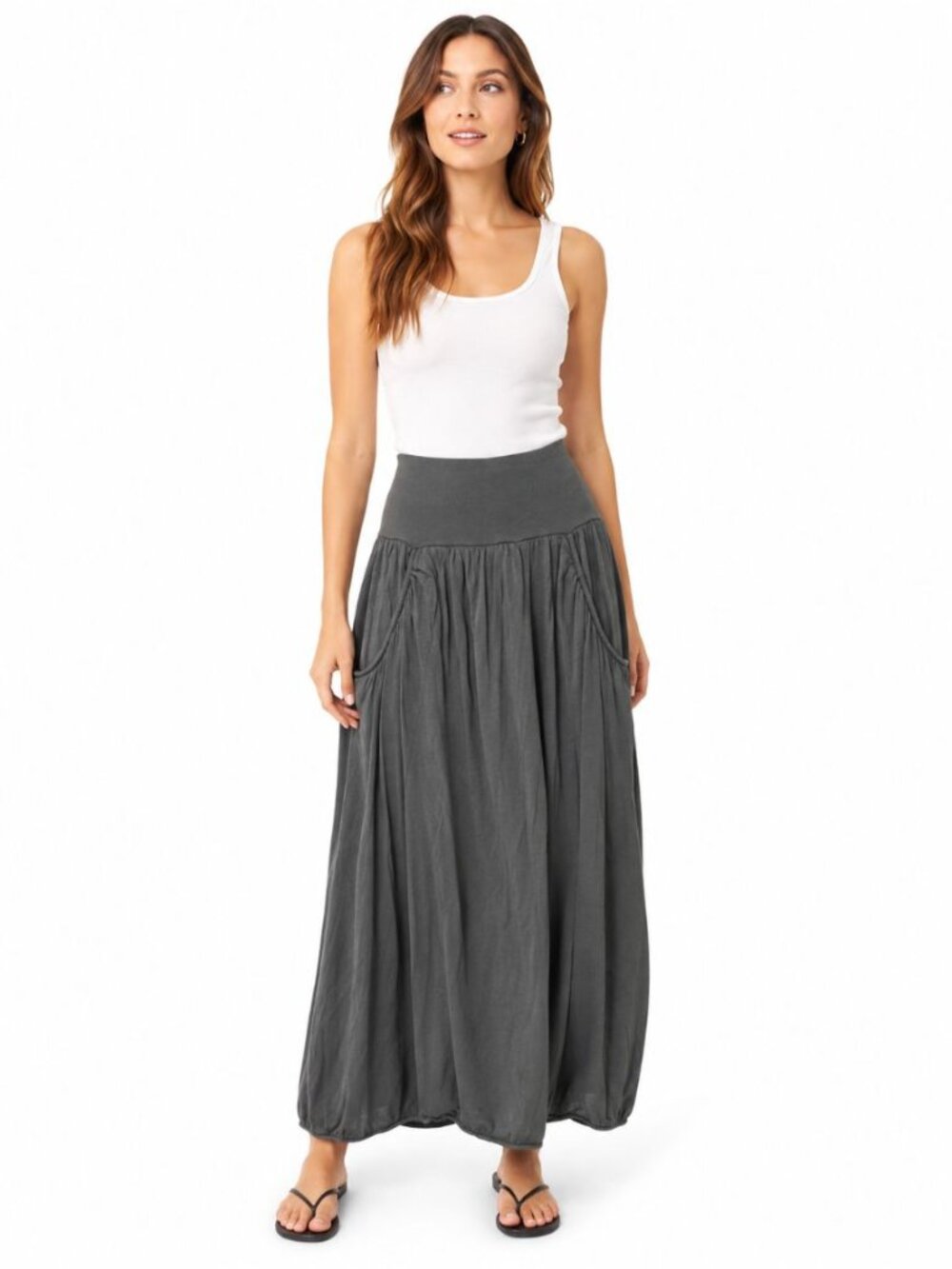 Garnet Hill Womens Favorite Maxi Skirt Gray Cotton Modal Pockets Pull-On Size XS